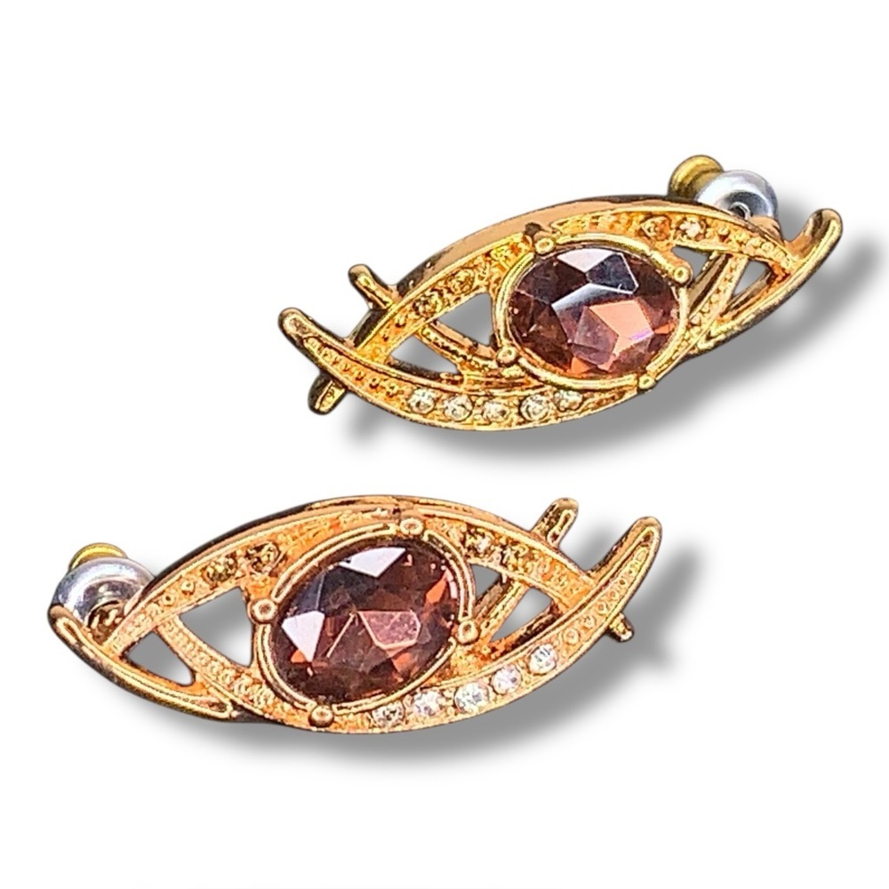 Vintage Avon Earrings Rose Gold Tone Burgundy Center Stone Retro Wedding